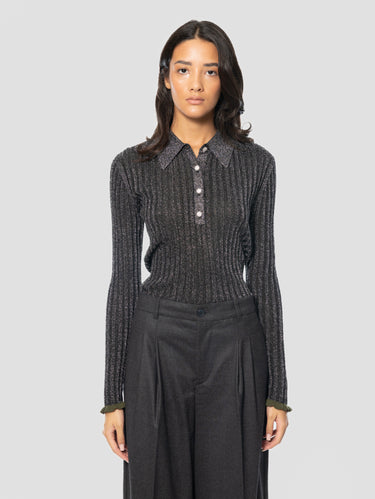 ESSENTIEL ANTWERP-Polo Slim in Maglia a Coste con Lurex Acciaio-TRYME Shop