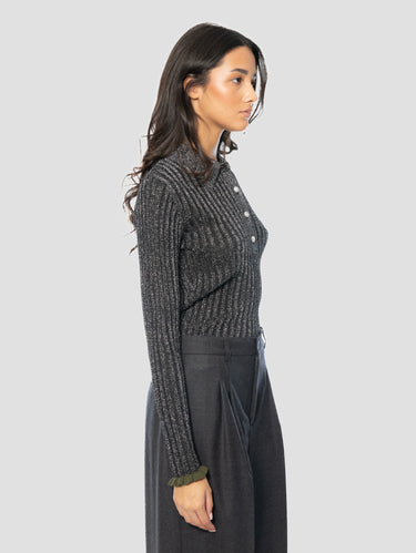 Polo Slim in Maglia a Coste con Lurex Acciaio