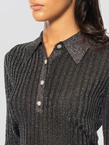 Polo Slim in Maglia a Coste con Lurex Acciaio