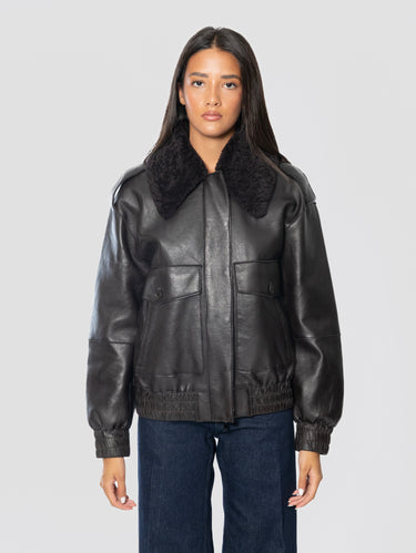 Bomber Pilot in Pelle con Collo Furry Testa di Moro