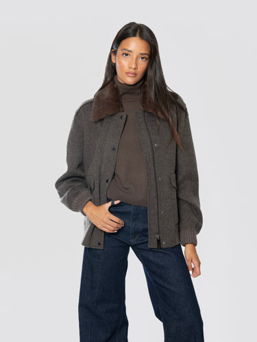 Bomber Pilot in Lana con Colletto in Pelliccia Marrone