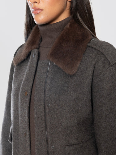 Bomber Pilot in Lana con Colletto in Pelliccia Marrone