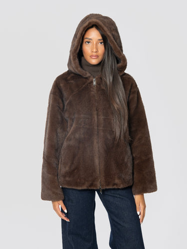 P.A.R.O.S.H.-Giubbotto con Cappuccio in Ecopelliccia Marrone-TRYME Shop