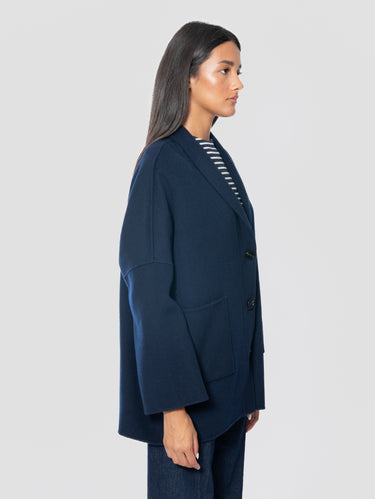 Cappotto Media Lunghezza In Panno Blu