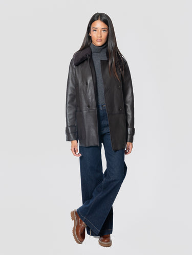 Giaccone in Pelle con Collo Furry Testa di Moro