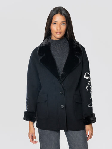ERMANNO FIRENZE-Giaccone in Panno con Ecofur e Ricami Nero-TRYME Shop