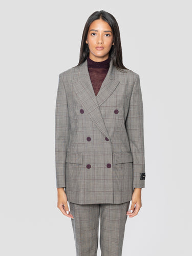 PINKO-Giacca Oversize Doppiopetto in Fantasia Principe di Galles Beige/Bordeaux-TRYME Shop
