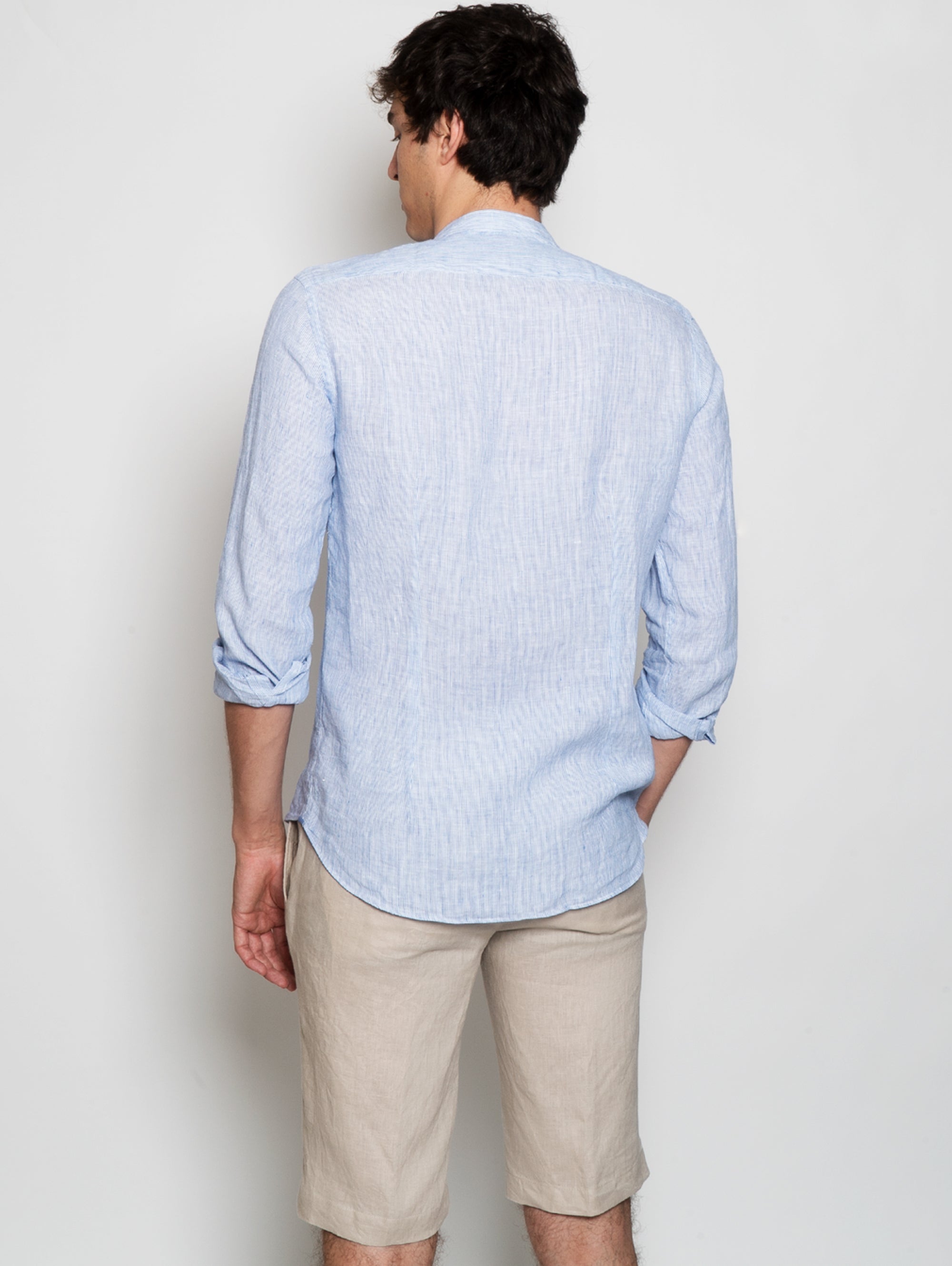 Camicia Coreana in Lino a Righe Blu