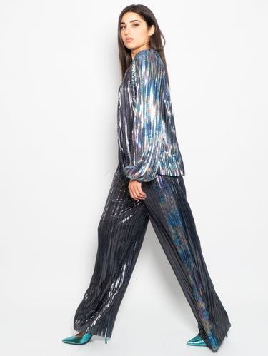 Burnished Metal Laminated Pleated Pants