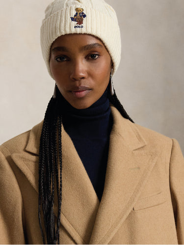 Cream Cable-Knit Hat with Polo Bear