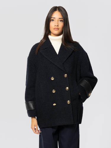 PINKO-Cappotto Caban in Tessuto Bouclé Blu-TRYME Shop