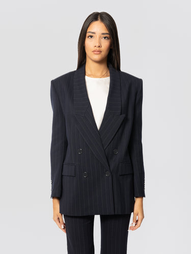 PINKO-Giacca Gessato Doppiopetto con Collo a Revers Blu-TRYME Shop