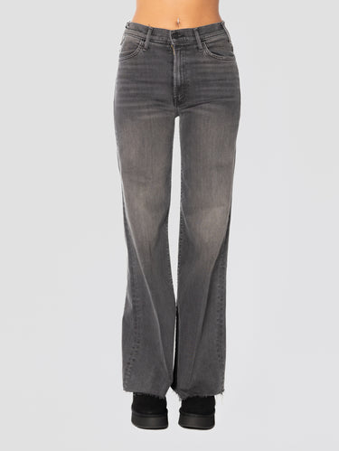 MOTHER-Denim a Zampa e Vita Alta con Orlo Sfrangiato Grigio-TRYME Shop