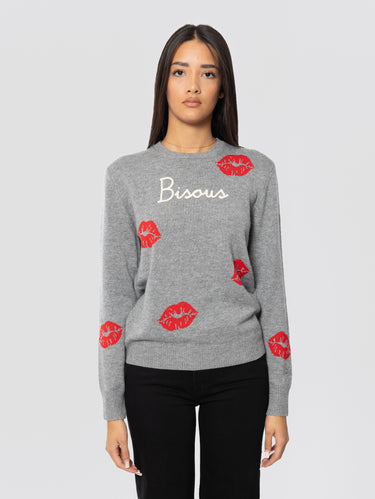 MC2 SAINT BARTH-Maglione Girocollo con Ricami Bisous e Baci Grigio-TRYME Shop