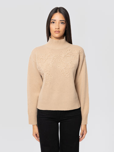 ERMANNO FIRENZE-Maglia Collo Alto con Ricami in Lana Cammello-TRYME Shop