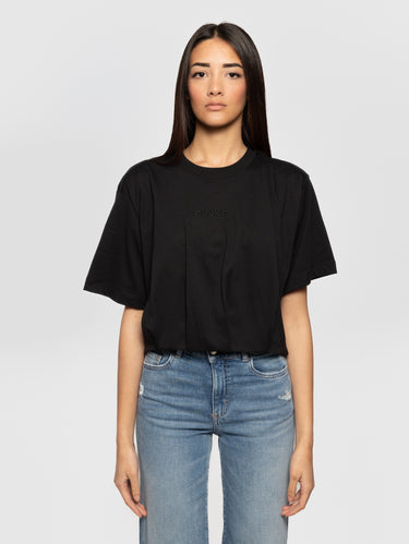 PINKO-T-shirt Cropped con Pieghe Nero-TRYME Shop
