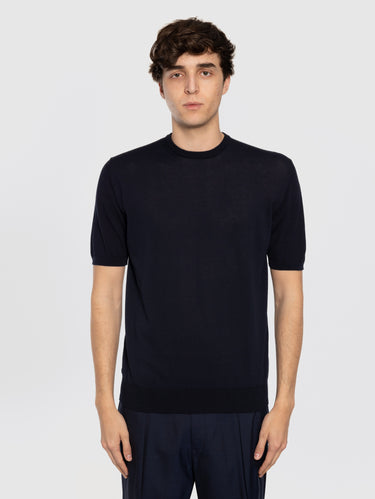 ALPHA STUDIO-Maglia con Maniche Corte in Cotone Blu Notte-TRYME Shop