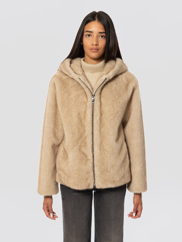 P.A.R.O.S.H.-Giubbotto in Ecopelliccia con Cappuccio Sabbia-TRYME Shop
