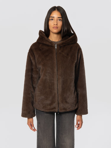 P.A.R.O.S.H.-Giubbotto in Ecopelliccia con Cappuccio Marrone-TRYME Shop
