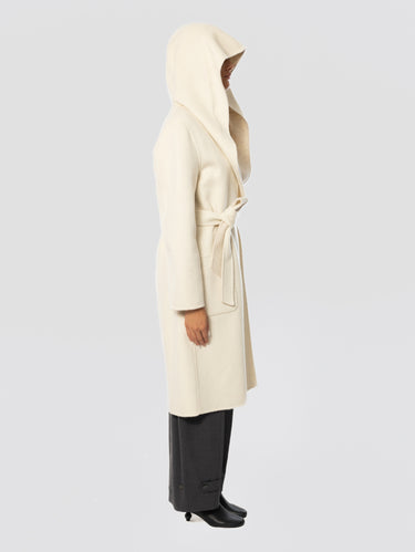 Cappotto in Double di Lana con Cappuccio Panna