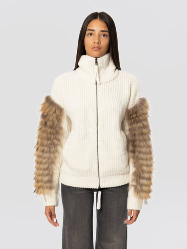 P.A.R.O.S.H.-Giacchetto in Maglia di Lana con Pelliccia Panna-TRYME Shop