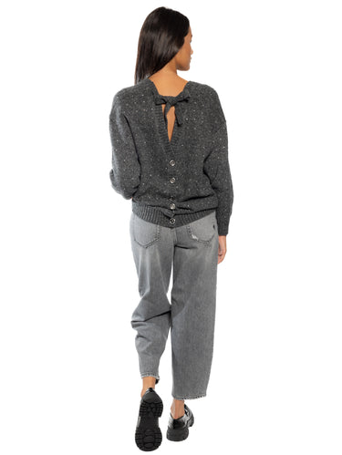 Gray V-Neck Cardigan with Rhinestones