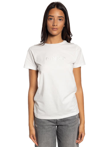 PINKO-T-shirt con Logo Ricamato Bianco-TRYME Shop
