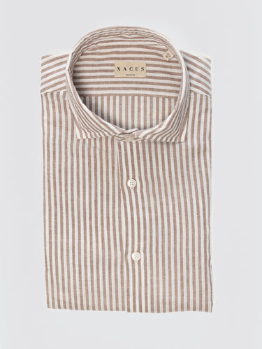 XACUS-Camicia in Misto Lino a Righe Marrone/Bianco-TRYME Shop