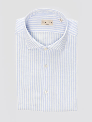 XACUS-Camicia in Misto Lino a Righe Celeste/Bianco-TRYME Shop