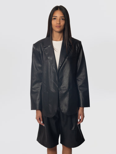 ESSENTIEL ANTWERP-Giacca Ampia in Similpelle Nera-TRYME Shop