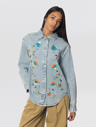 ESSENTIEL ANTWERP-Overshirt in Denim con Paillettes Blu-TRYME Shop