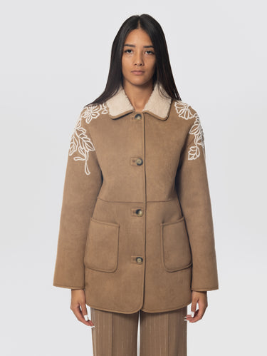 ERMANNO FIRENZE-Cappotto in Montone Ecologico con Ricami Cammello-TRYME Shop