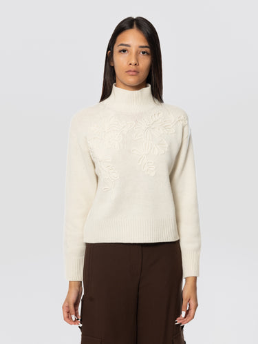 ERMANNO FIRENZE-Maglione Collo Alto con Ricami in Lana Ecrù-TRYME Shop