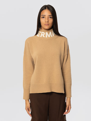 ERMANNO FIRENZE-Maglia Collo Alto con Logo Jaquard Cammello-TRYME Shop