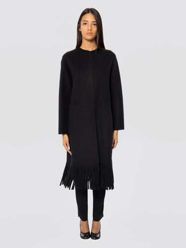ERMANNO FIRENZE-Cappotto con Frange in Panno di Lana Nero-TRYME Shop