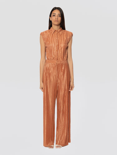 SABINA MUSÁYEV-Tuta Plissé con Stampa Floreale Caramello-TRYME Shop