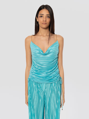 SABINA MUSÁYEV-Top Plissé con Stampa Floreale Turchese-TRYME Shop