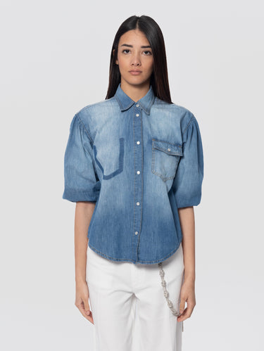 PINKO-Camicia in Denim con Maniche a Palloncino Blu-TRYME Shop