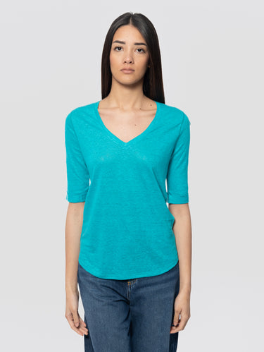 NOTSHY-T-shirt in Lino con Scollo a V Romana Verde-TRYME Shop