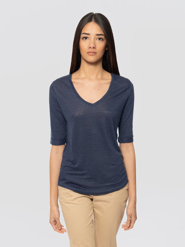 NOTSHY-T-shirt in Lino con Scollo a V Romana Blu-TRYME Shop
