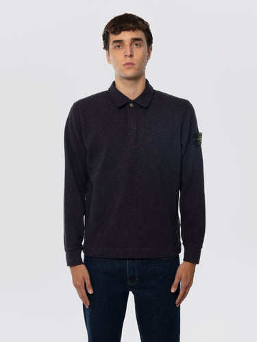 STONE ISLAND-Felpa con Collo Polo in Cotone Vanisé Inchiostro-TRYME Shop