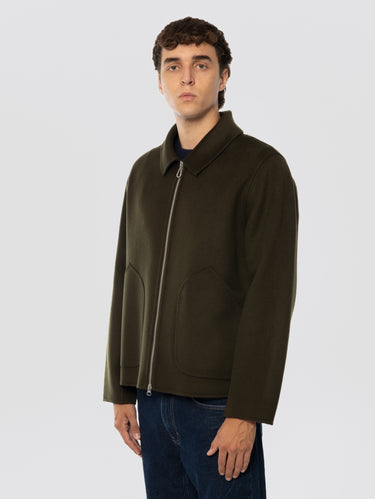 Moosgrüne Woll-Doppeljacke mit Reißverschluss
