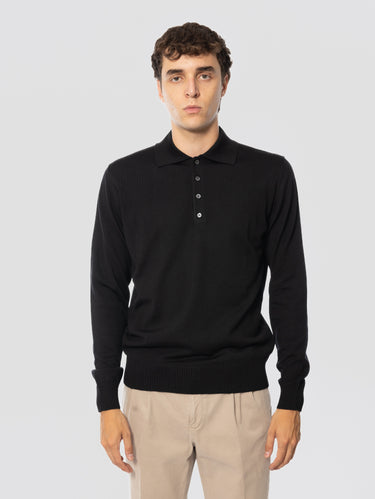 ALPHA STUDIO-Polo Quattro Bottoni in Lana Merinos Nero-TRYME Shop