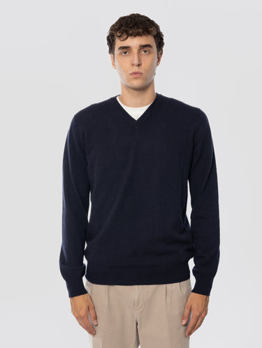 ALPHA STUDIO-Maglia con Scollo a V in Lana Blu Notte-TRYME Shop