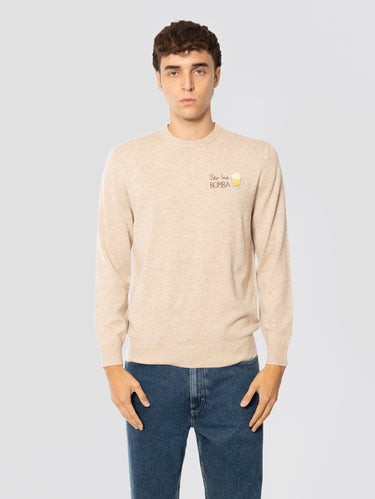 MC2 SAINT BARTH-Maglione Girocollo con Ricamo Sto na Bomba Beige-TRYME Shop