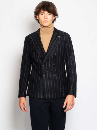 MANUEL RITZ-Giacca Nuvola Doppiopetto Gessata Blu-TRYME Shop