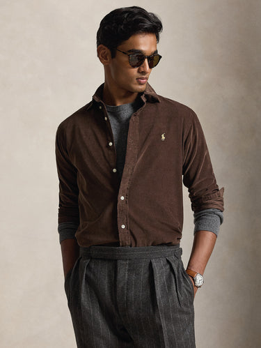 RALPH LAUREN-Camicia in Velluto a Coste Custom Fit Marrone-TRYME Shop