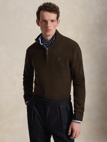 RALPH LAUREN-Maglia con Mezza Zip in Lana Marrone-TRYME Shop