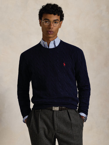 RALPH LAUREN-Maglia Girocollo in Misto Cashmere a Trecce Blu-TRYME Shop