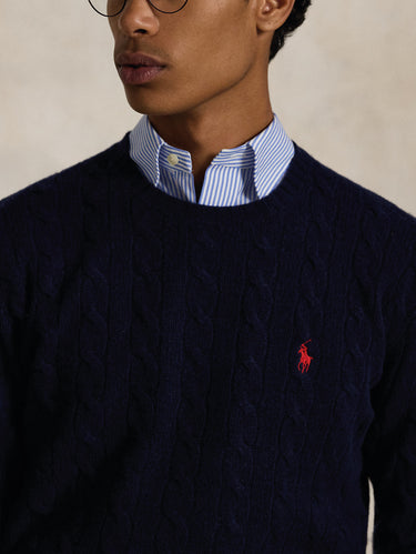 Maglia Girocollo in Misto Cashmere a Trecce Blu